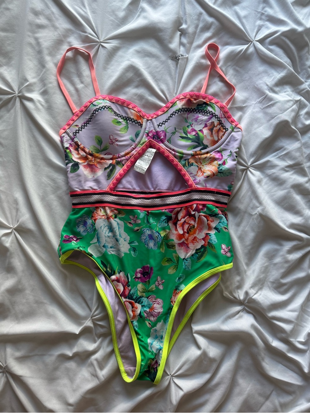 River Island Floral Colorblock One-Piece Swimsuit in Green and Pink